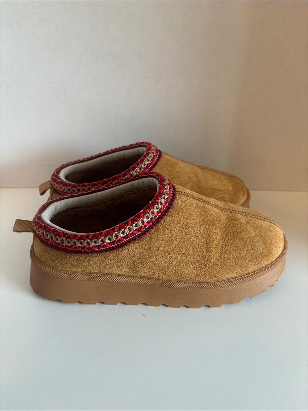 Jellypop Tan Suede Kids Slip-On Slippers with Red Trim